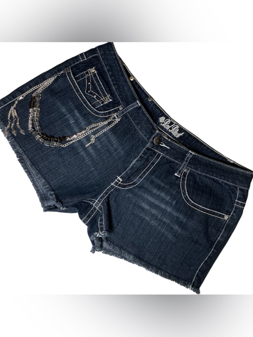 Vtg Y2K low rise jean denim booty shorts bling chain cutoff festival miss me L